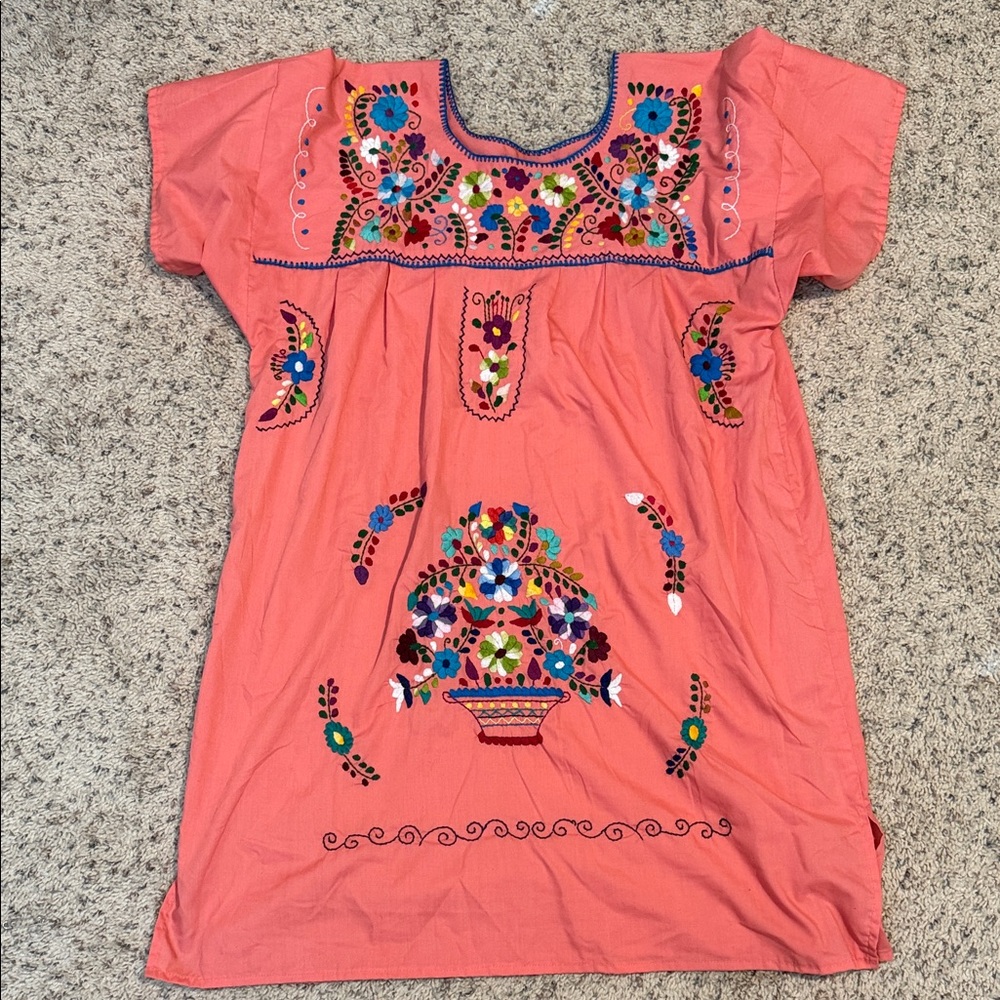 Embroidered Coral Kids Dress